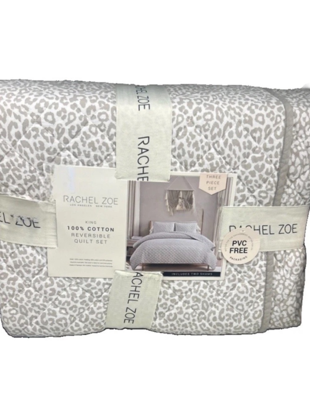 Rachel Zoe King Gray & White Animal Print Cotton Reversible Quilt Set 106”x92”